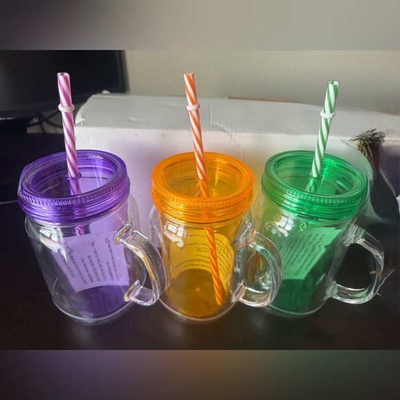 NIB Halloween 3 Piece Mason Jar Mugs Set with Straws Green Purple and Orange - Picture 1 of 6